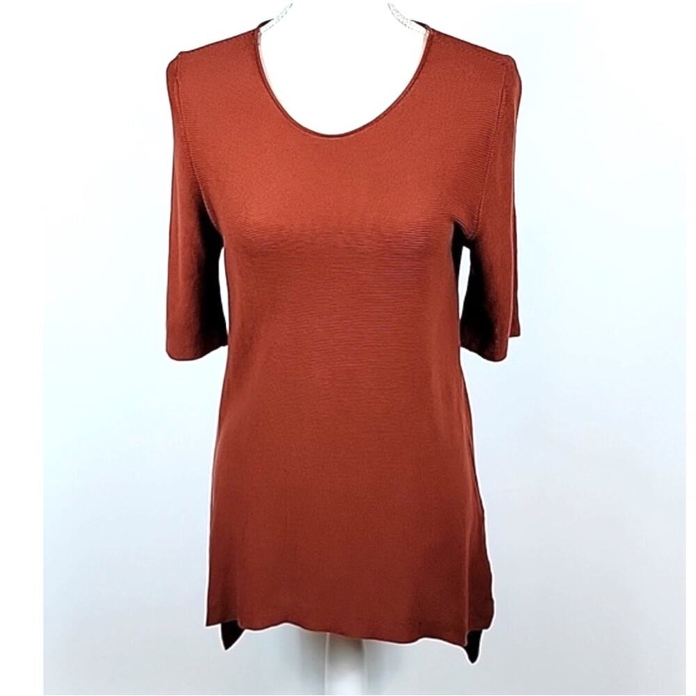 Eileen Fisher Burnt Orange Tercel Stretchy Mesh High-Low Top Tunic - size small